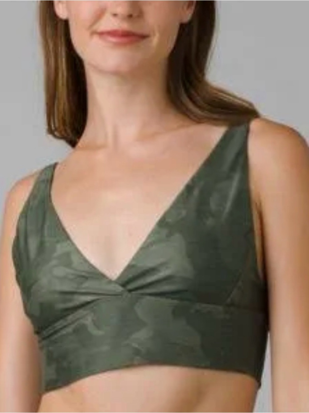 PrAna Sports Bra Womens Small Green Camo Adjustable Strap Padded Yoga Athletic
